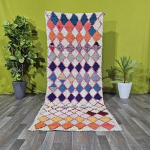 Vintage Checkered Moroccan Rug 3,4 x 8,4 ft , Handmade Beni Ourain Style, berber Rug , Original Cotton Carpet, Handwoven Rug, Funky Rug