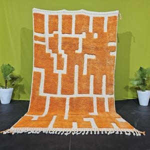 Orange Mrirt Rug, Orange Rug For Living Room, High-Quality Beni Mrirt Rug, Handmade Moroccan Rug, Living Room Decor
