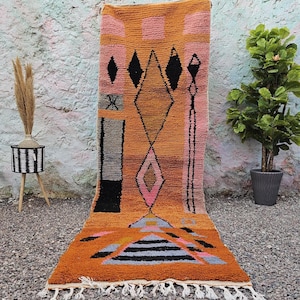 ORANGE MOROCCAN HALLWAY Rug , Handmade Runner Rug , Narrow Moroccan Rug , Custom Beni ourain Rug , Genuine wool Rug , Bohemian Runner carpet
