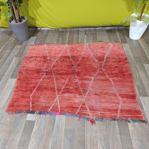 Red Vintage Moroccan Rug 4,4 x 4,6 ft  – Long Berber runner rug – Red &wool rug with floral tribal symbols – Colorful handmade art Rug