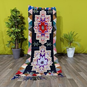 Vintage Moroccan Rug 3x 8 ft Gorgeous Pastels Berber Rug, Unique Colorful Boucherouite Rug, unique geometric Boujaad rug