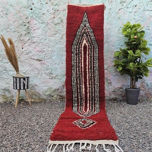 Red Runner Rug- Moroccan Tribal Rug-Handmade Wool Rug- Entry Way Rug- Narrow Hallway Runner- Coral Red Geometric Rug