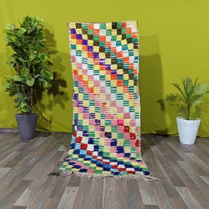 Authentic Checkered Rug, Handmade Moroccan Rug, Multicolored Rug, Berber Tribal Carpet, Vintage Boucherouite Rug.