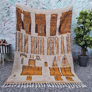 Handmade Beni Ourain Berber Rug, White and Yellow Moroccan Carpet,Custom Beni Ourain Rug - Yellow Striped Rug - Moroccan Wool Area Rug