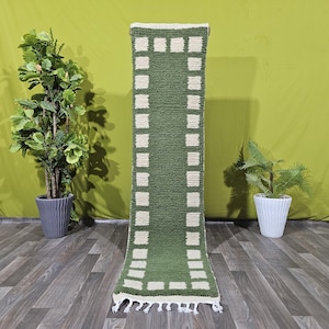 Green Moroccan Runner Beni Ourain Runner Rug, Green Custom Hallway Green And White Rug Runner, Bespoke Long Runner Green  Berber Carpet