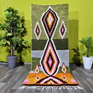 Green Moroccan Runner Beni Ourain Runner Rug - Green Custom Hallway Orange Rug Runner - Bespoke Long Runner Berber Carpet