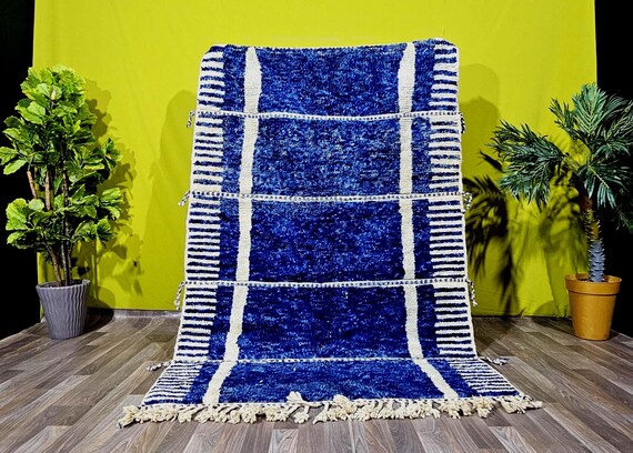 Moroccan Blue Rug – Beni Ourain Style – Handmade Wool Rug – Custom Runner & Area Sizes – Solid Blue Berber Carpet – Hallway Decor.