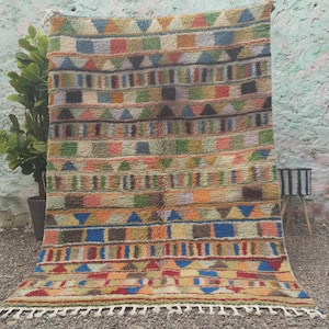 Moroccan Berber Rug - Handmade Wool Azilal Carpet - Multicolor Tribal Geometric Design - Bohemian Interior Style