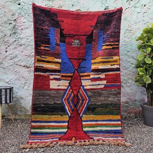 Bohemian Moroccan Azilal Rug - Handwoven Red Wool Masterpiece with Geometric & Artistic Details - Unique Tribal Statement Decor