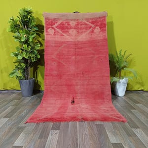 Red Vintage Moroccan Rug  4 x 7,3 ft– Berber runner rug –  wool rug with floral tribal symbols – Colorful handmade art rug