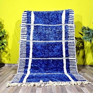 Blue Abstract Rug, Modern Moroccan Rug- Blue Wool Rug- 6x9 Living Room Rug- Minimalist Rug- Geometric Carpet