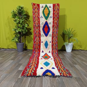 Vintage Moroccan Rug 2,6x 9,6 ft – Berber runner rug –  wool rug with floral tribal symbols – Colorful handmade art rug