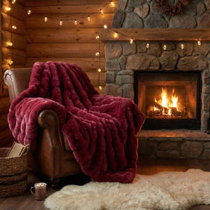 May include: A deep red faux fur throw on a brown leather armchair. A fireplace with a burning fire is in the background, with fairy lights above. A small basket and a mug are in the foreground.