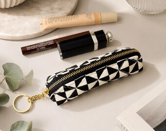 Black & White Lipstick Holder Keychain: Quilted Lip Balm Bag, Chapstick Pouch