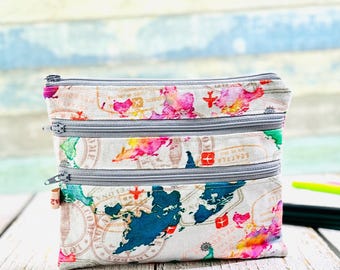 Triple Zipper Pouch - Grey World Map  Pencil Case, Make Up Bag, Travel Bag