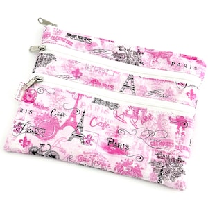 Triple Zipper Pouch - Paris Eiffel Theme  Pencil Case, Make Up Bag, Travel Bag