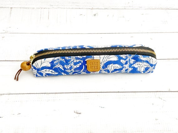 Slim Pencil Case in Indian Block Print Flower, Pen Case, Quilted Zipper  Pencil Pouch, Office School Supplies, Gift for Her 