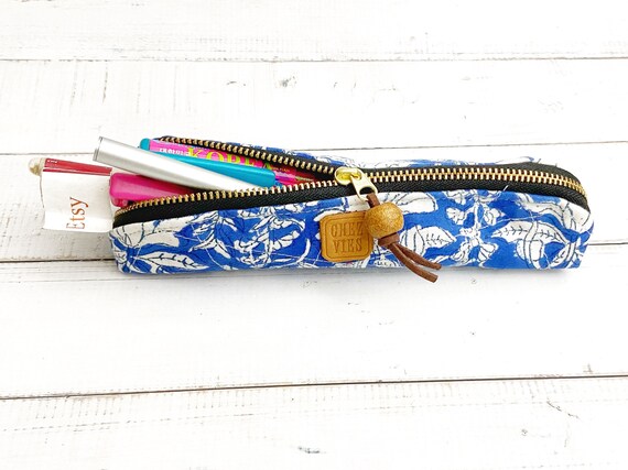Slim Pencil Case in Indian Block Print Flower, Pen Case, Quilted Zipper  Pencil Pouch, Office School Supplies, Gift for Her 