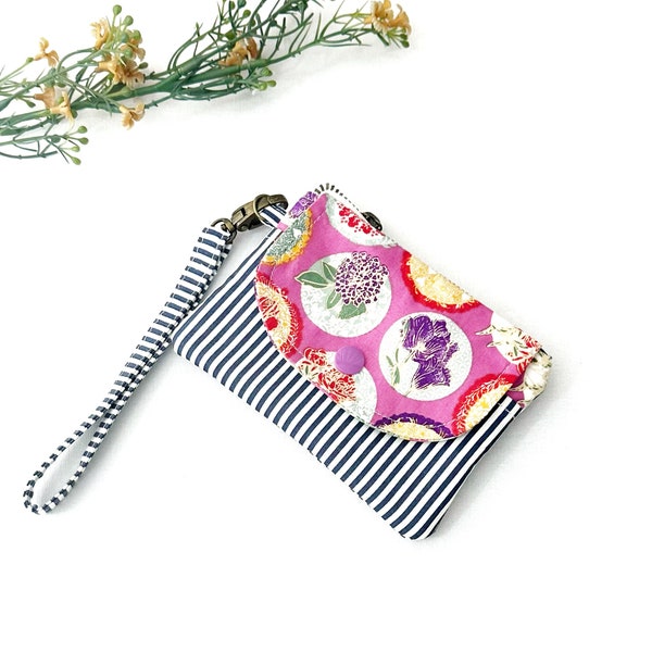 Pink Small Wristlet Wallet, Coin Purse, Mini Wallet, Zippered Purse, Small Pochette, Floral Stripe, Gift for Her Under 15
