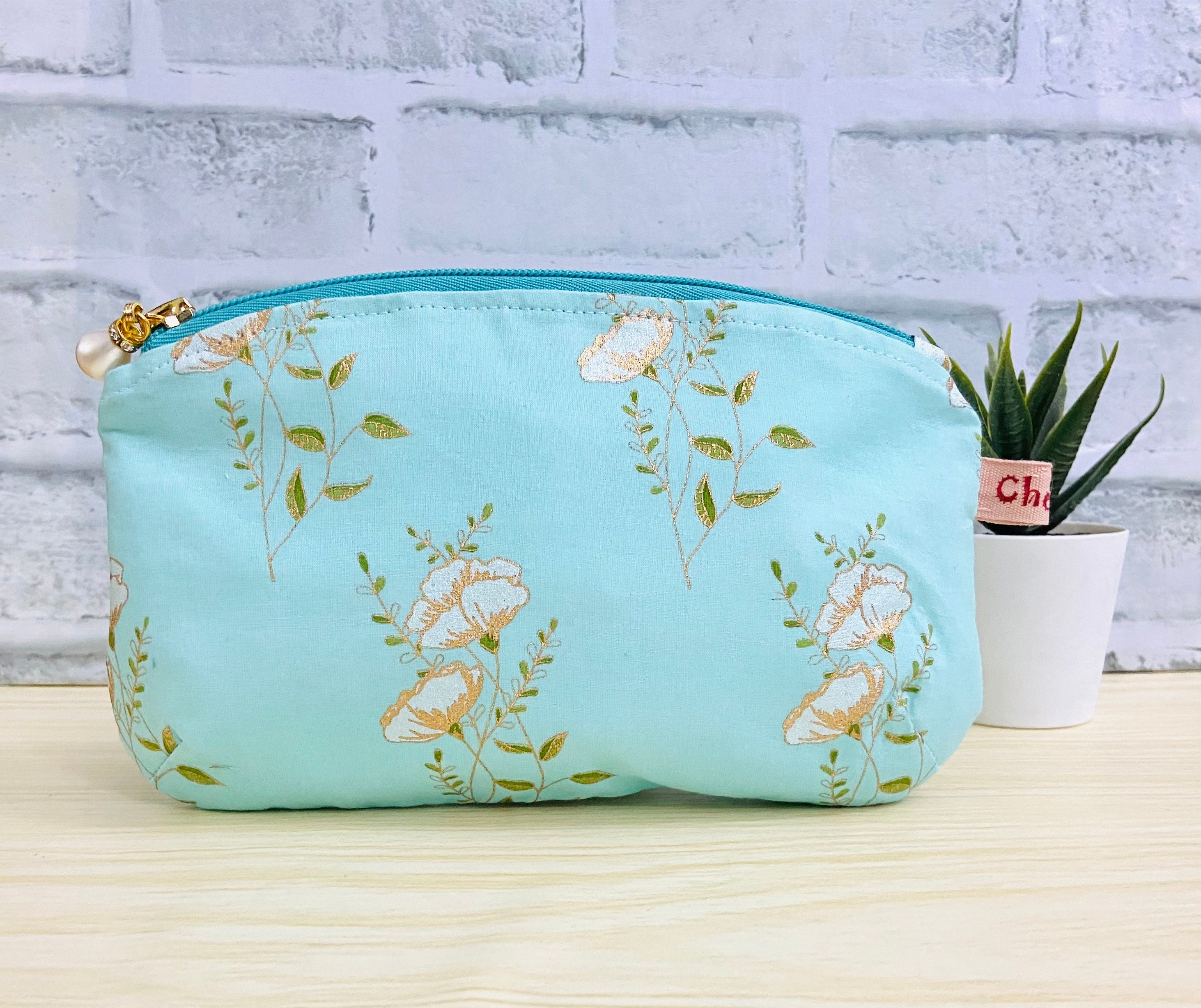 Floral Zipper Pouch Cosmetic Bag Mint Green Oblong Makeup Etsy