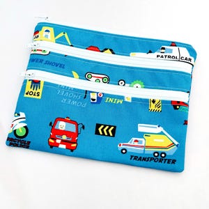 Blue Triple Zipper Pouch:  Transport Theme  Pencil Case, Make Up Bag, Travel Bag