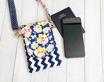 Blauwe mobiele telefoon Sling Bag met zak en verstelbare riem, Mini Crossbody Tas, Cadeau voor haar, Floral Chevron