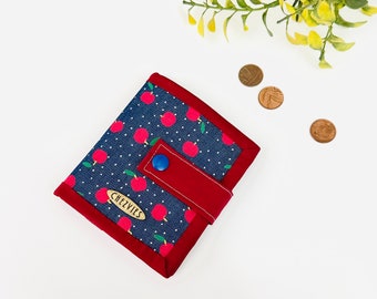 Denim Wallet with card holder and coin pocket, small purse, Red Cherry Print, Gift for Her, Gift Under 25