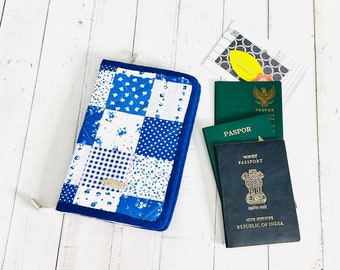 Blue Patchwork Zippered Travel Passport Wallet, Multi Passport Holder, Travel Documents Organizer, Travel Gifts for Her, Gift Under 50
