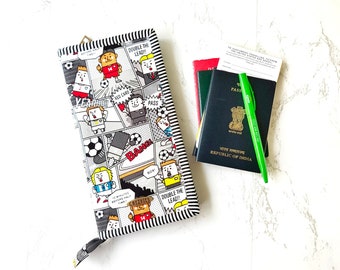 Zip Around Family Passport Holder for 6, Family Travel Wallet with Vaccination Card and Boarding Pass Holder, Football Cartoon