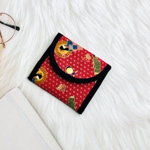 Red Small Trifold Wallet, Cardholder Purse Women, Credit Card Fabric Wallet, Floral Mini Wallet, Zipper Wallet, Japanese Theme Gift for Her