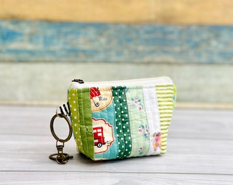 Green Patchwork Quilted Zipper Pouch with Keychain, Coin Purse, Mini Makeup Bag, Sustainable Gift for Her