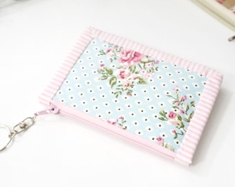 Blue Pink Minimalist Card Wallet with Coin Pocket for Women, Gift for Her, Roses Stripe