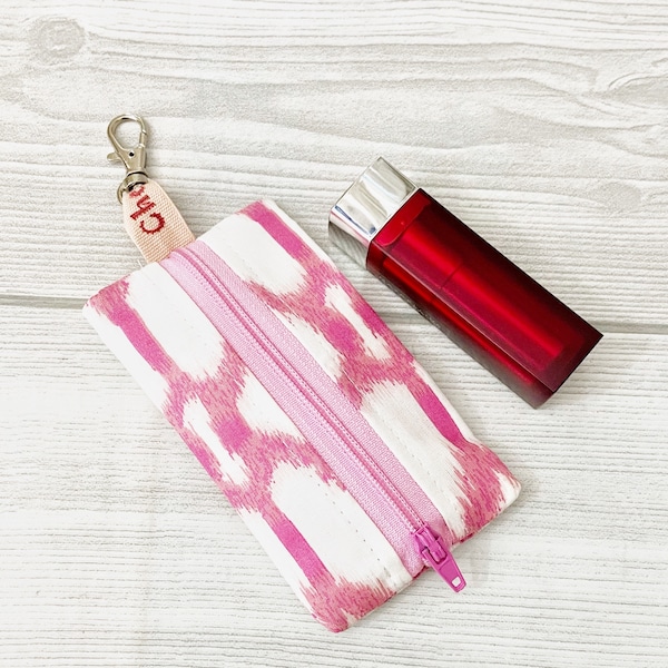 Pink Ikat  Mini EDC Pouch Keychain Coin Purse, Zippered Keyring Pouch, Gift for Her