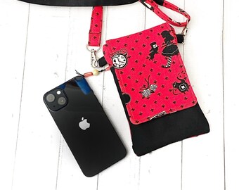 Red Crossbody Phone Bag with Pockets and Adjustable Shoulder Strap, Alice in Wonderland Linen Purse