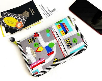 Zip Around Family Passport Holder For 4 With Multiple Pockets and Card Holders,  Travel Document Organizer, Railway Print