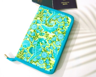 Quilted Passport Wallet: Ocean Print Travel Organizer with Card Slots, Zipper Pocket