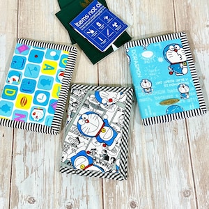 Doraemon Small Passport Holder: Retro Cartoon Print Fabric Travel Wallet Holds 2 passports and 2 Cards
