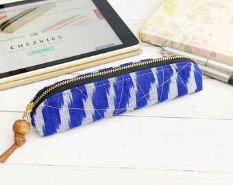 Slim Pencil Case in Blue Ikat, Digital Pen Case, Quilted Zipper Pencil Pouch, Office School Supplies, Gift for Her
