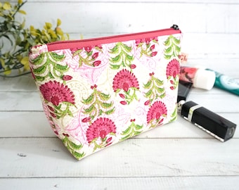 Pink Floral Small Makeup Pouch, Cosmetic Pouch, Travel Make up Bag, Toiletry Fabric Bag, Lined Zipper Pouch, Gift for Her