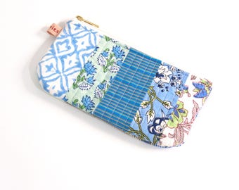 Blue Patchwork Zipper Pouch - Makeup Bag, Pencil Case, Crochet Hook Holder