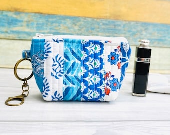 Blue Patchwork Quilted Mini  Zipper Pouch, Mini Keychain Bag, Coin Purse, Change Purse, Cosmetics Bag, Makeup Pouch, Gift for Her