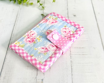 Pink Blue Quilted Wallet, Small Cardholder Wallet with Coin Pocket for Women, Gift for Her, Roses Polka Dots