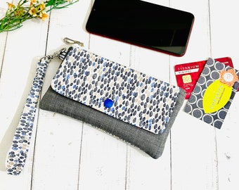 Floral Slim Wristlet Wallet, Phone Purse, Purse Wallet, Cell Phone Bag, Blue Grey, Gift for Her