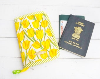 Yellow Tulip Zip Around Travel Passport Wallet with Cardholder, Multiple Passport Holder for Women, Passport Cover, Gift for Her