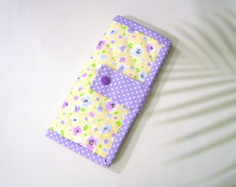 Handmade Quilted Bifold Wallet with Zipper Pocket: 6 Card Slots, Yellow Purple Floral Polka Dots