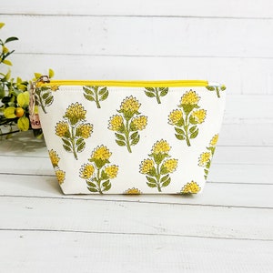 Floral Small Makeup Pouch, Cosmetic Pouch, Travel Make up Bag, Toiletry Fabric Bag, Lined Zipper Pouch, Yellow Flower