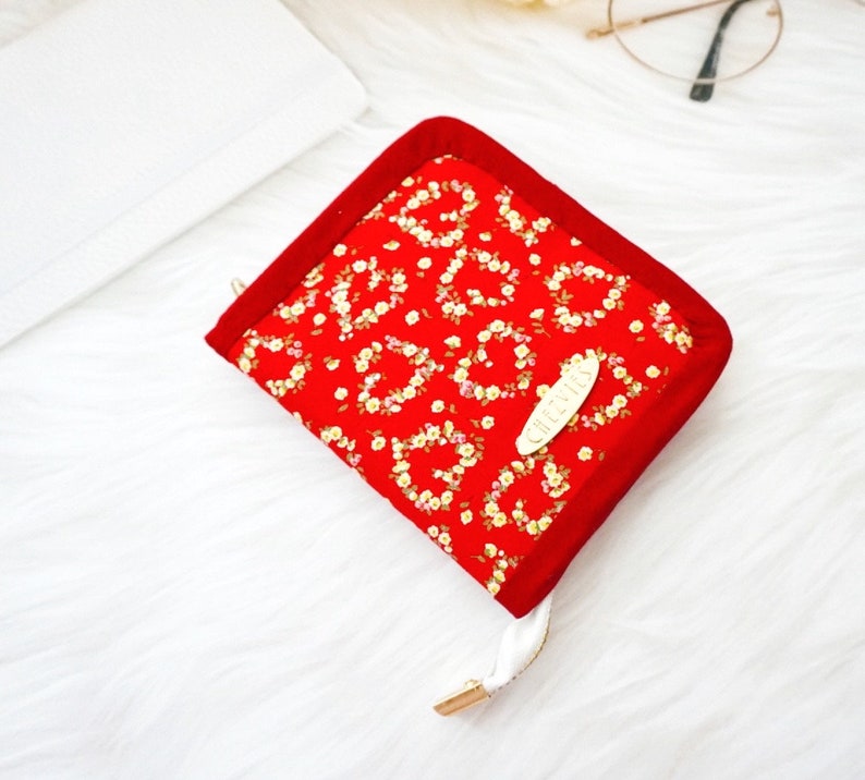 Red Floral Wallet Small Zipper Wallet for Women Fabric image 1