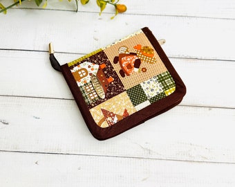 Small Zipper Wallet for Women, Cardholder Wallet, Cute Wallet, Patchwork Purse, Sunbonnet Sue, Dark Brown, Gift for Her