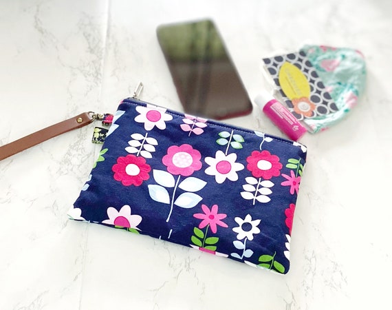 Blue Pink Floral Zipper Pouch Small Purse with Lanyard Flat | Etsy
