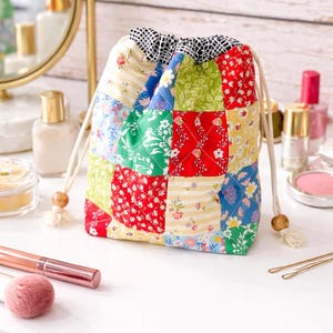 Handmade Colorful Patchwork Drawstring Makeup Bag: Quilted Cotton Toiletry Pouch